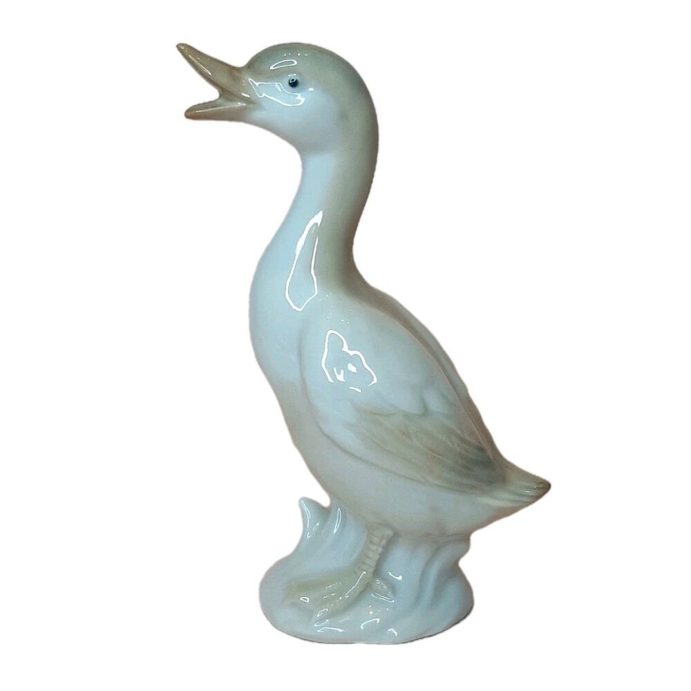 Vintage Otagiri Japan Porcelain Duck Figurine 5 Inch Glazed White Brown Gray